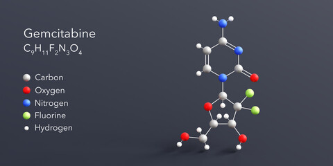 gemcitabine molecule 3d rendering, flat molecular structure with chemical formula and atoms color coding