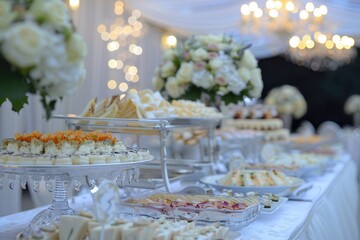 Catering Food Wedding Event Table. Elegant Buffet Spread for White Banquet