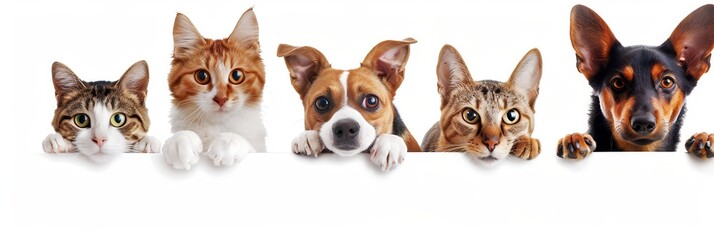 Obraz premium Cats And Dog Peeking Over White Web Banner. Happy Pets Holding Signs