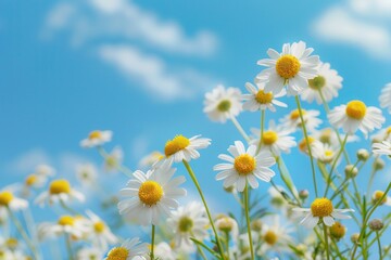 Chamomile Flowers. Blooming Chamomile Blossoms in a Meadow under Blue Sky