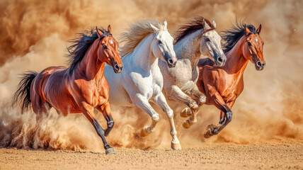 Obraz premium Horses gallop through desert dust