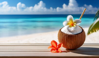 Remote work from island, Turquoise crystal sea, coconut juice and plumeria flower, frangipani, Remote work from topical Island. Coconut, MacBook Pro remote work