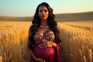 Naklejka premium photo of pregnant woman standing pose on golden wheat field, generative AI