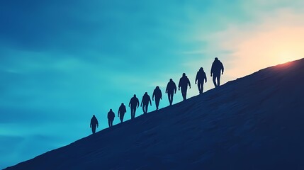 Silhouettes of hikers ascending a mountain against a stunning blue and orange sky, symbolizing adventure and perseverance.