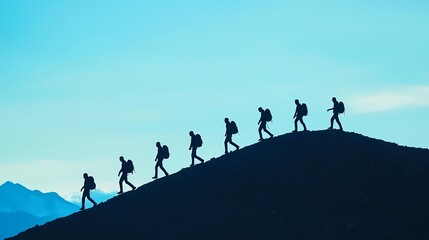 Silhouettes of hikers ascending a mountain ridge against a clear blue sky, showcasing determination and adventure in nature.