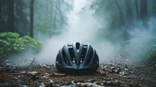 Smoke filling forest path with bike helmet