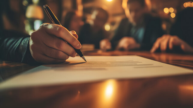 Businessman signing contract during business meeting in pub