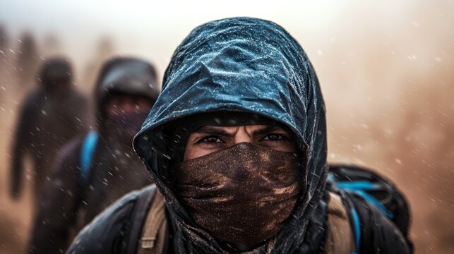Participants trek through a challenging landscape, dressed for extreme weather and shielding their faces