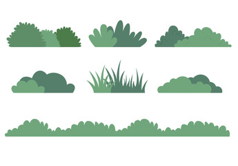 Collection green plants and silhouettes, isolated on white background. Different type of bushes. Vector illustration