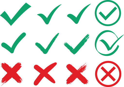 Green check mark and red cross icon set. Isolated vector illustration. Vector drawing. Cross symbol.