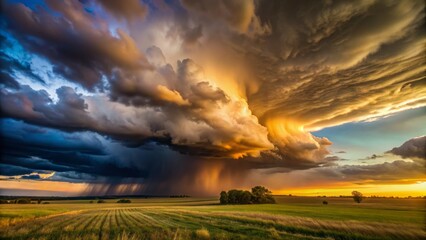 Dark storm clouds gather, heavy with rain, as they override warm sunlight, casting a dramatic, contrasting scene over a rural landscape.