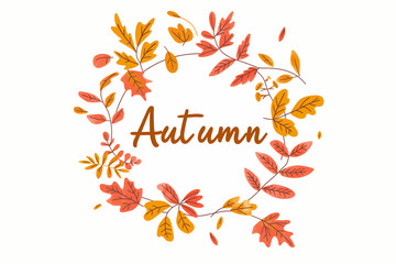 A simple illustration of an adorable autumn wreath with leaves in muted reds, oranges, and yellow, on a white background with the word "Autumn" written across it