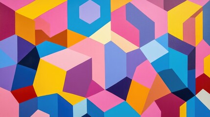 A dynamic geometric pattern featuring multicolored pentagons in shades of pink, blue, yellow, and purple, creating bold visual impact