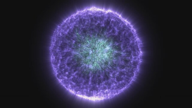 Abstract blue sphere made of particles and waves of magical glow on dark background, munc cell, video 4k
