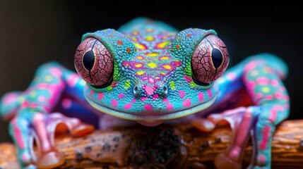   A close-up of a vibrant frog perched on a branch with one eye opened wide