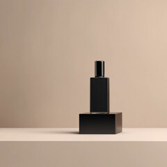 Mockup of a sleek black perfume bottle carefully placed on a pedestal against a neutral background.