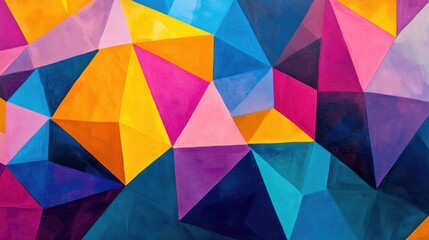 Abstract image featuring bold geometric pentagons in shades of pink, blue, yellow, and purple, creating a colorful and vibrant pattern