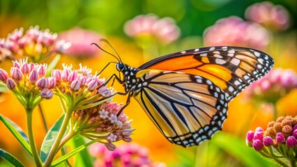Obraz premium Delicate orange and black monarch butterfly sips sweet nectar from a cluster of fragrant pink milkweed flowers on a sunny summer meadow afternoon.