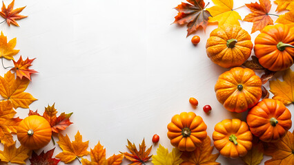 A festive Halloween arrangement featuring orange pumpkins on a white wooden table, with plenty of space available for text or design.