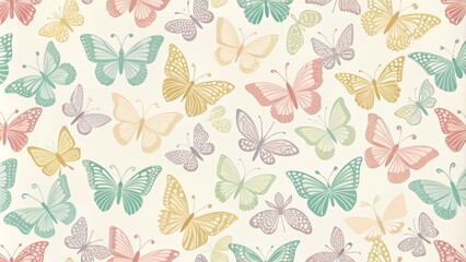 Fototapeta premium Delicate, pastel-hued butterfly silhouettes dance across a soft, creamy background, creating a whimsical and charming pattern perfect for springtime or nursery designs.