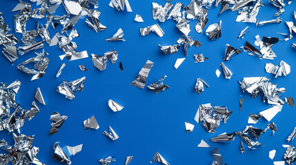 Fototapeta premium silver foil confetti scattered on a cobalt blue background, creating an festive and joyful atmosphere for the New Year's or another holiday celebration