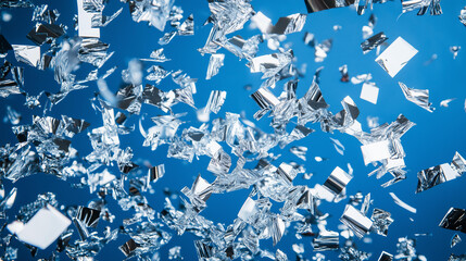 silver foil confetti scattered on a cobalt blue background, creating an festive and joyful atmosphere for the New Year's or another holiday celebration