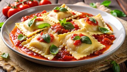 Delicate, pillowy ravioli filled with rich ricotta cheese, bathed in a savory, slow-cooked homemade tomato sauce, garnished with fresh basil leaves and shaved Parmesan.