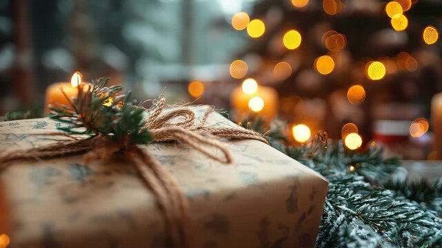 Camera focusing on christmas present under tree