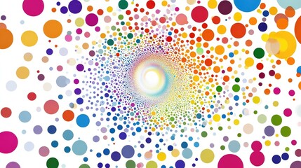 Abstract vibrant spiral pattern of multicolored polka dots on a clean white background, creating a playful and dynamic design