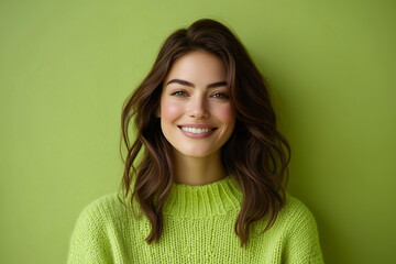 Fototapeta premium beautiful green eyed brunette woman wearing knited vibrant lime green sweather is smiling on camera, isolated on pastel solid smooth green background