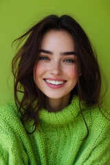 Fototapeta premium beautiful green eyed brunette woman wearing knited vibrant lime green sweather is smiling on camera, isolated on pastel solid smooth green background