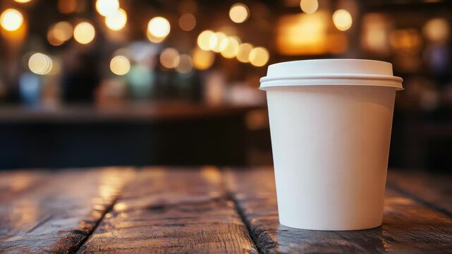 White paper coffee cup standing on a wooden table