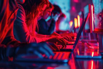 A group of individuals working on their laptops at a shared workspace