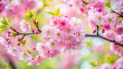 Delicate pink sakura flowers bloom on a tree branch, surrounded by lush green leaves, against a soft focus creamy white background, evoking serenity.