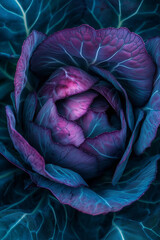 Obraz premium vibrant colors and intricate details on an open purple cabbage, capturing its unique shape with rich green leaves