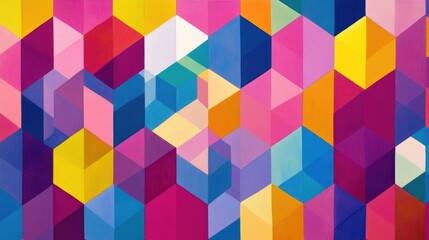 Bold and colorful geometric pattern with repeating pentagons in vibrant hues of pink, blue, yellow, and purple
