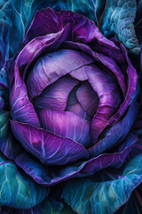 Fototapeta premium vibrant colors and intricate details on an open purple cabbage, capturing its unique shape with rich green leaves