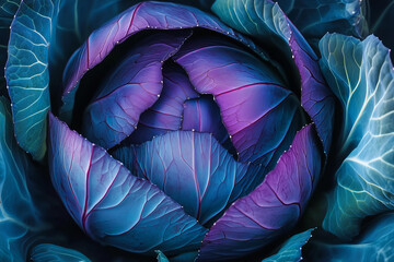 Fototapeta premium vibrant colors and intricate details on an open purple cabbage, capturing its unique shape with rich green leaves