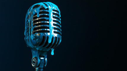 retro microphone covered in vibrant blue slime dripping, black solid smooth background show, open mic, stand-up comedy performance, talent show, singing