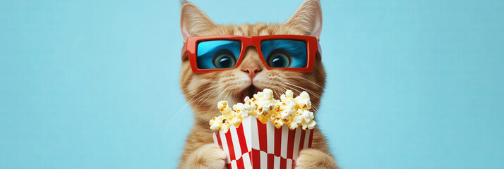 surprised cat wearing 3D glasses, holding popcorn and enjoying the movie isolated on blue background, cinema copy space banner