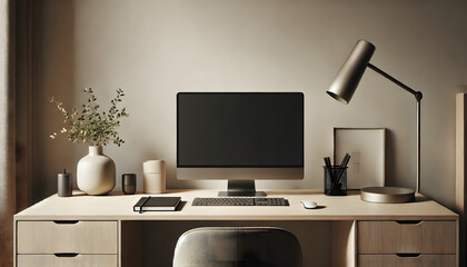 Minimalist Home Office Desk Setup with Computer and Lamp: A Clean and Organized Workspace