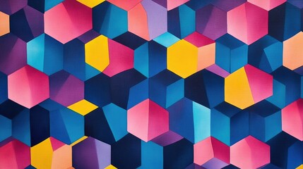 Obraz premium Bold and vibrant geometric pattern featuring repeating pentagons in colorful shades of pink, blue, yellow, and purple