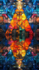 A stunning stained glass artwork featuring vibrant geometric patterns in orange, blue, and red hues, beautifully reflected on a rippling water surface