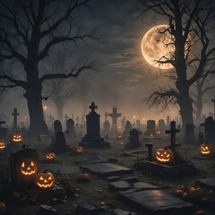 A spooky Halloween cemetery scene with fog drifting between old tombstones, bare trees, and eerie jack-o'-lanterns. The full moon casts a ghostly glow, adding to the haunted atmosphere with shadows an