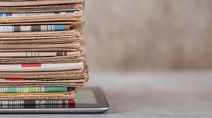 A stack of magazines rests on a tablet, symbolizing the blend of traditional print media and modern technology.