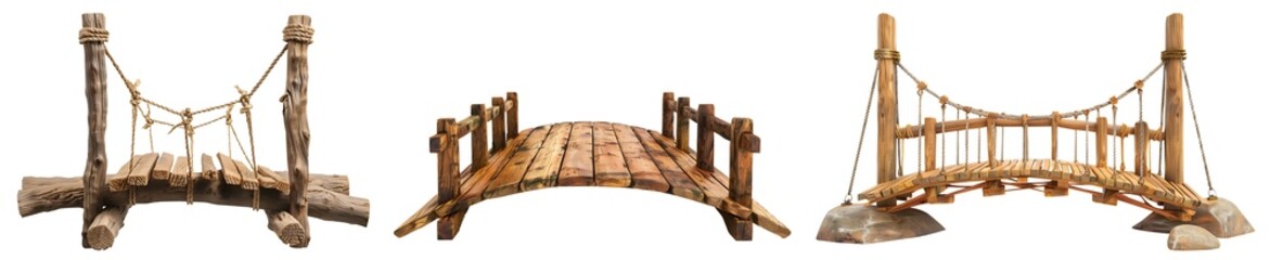 Obraz premium Set collection of arch rustic wooden wood suspended rope suspension bridge footbridge boardwalk front view on transparent cutout PNG. Many different style. Mockup template for design