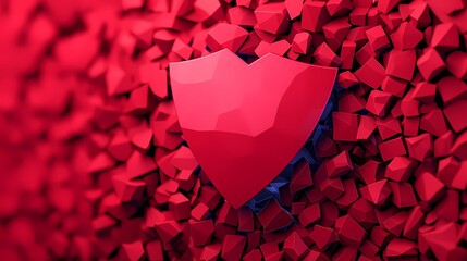 A striking red shield emblem set against a backdrop of vibrant red geometric shapes, symbolizing protection and security.