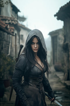 young female assassin with long black hair flowing in the wind and a strong expression on her face, outfit with a hood, daggers in her hands. blurred background of old medieval town, fantasy fictional