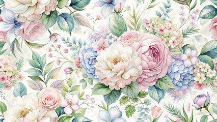 Delicate watercolor floral patterns in soft pastel hues featuring blooming peonies, roses, and hydrangeas scattered across a white background with subtle texture and gentle fade.