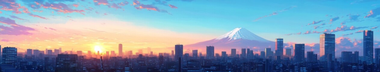 Future Envisioned: anime-style Futuristic Cityscape with Mount Fuji in the Background, Embracing the Anime Aesthetic of Technology and Innovation,Anime-Style,illustration,Picture BooksFor Poster,Novel